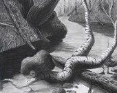 Original Surreal Landscape with Figure Charcoal Drawing - "River Birch"