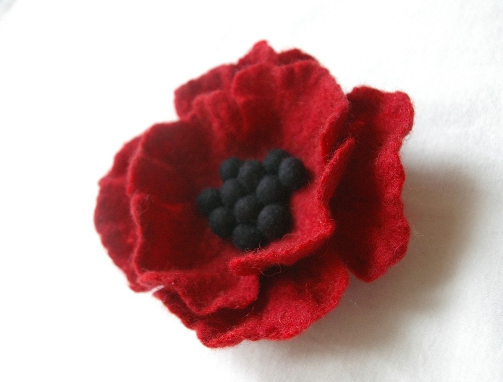 felted brooch deep red poppy -  SLEEPING BEAUTY - Valentine's day gift -  made to order