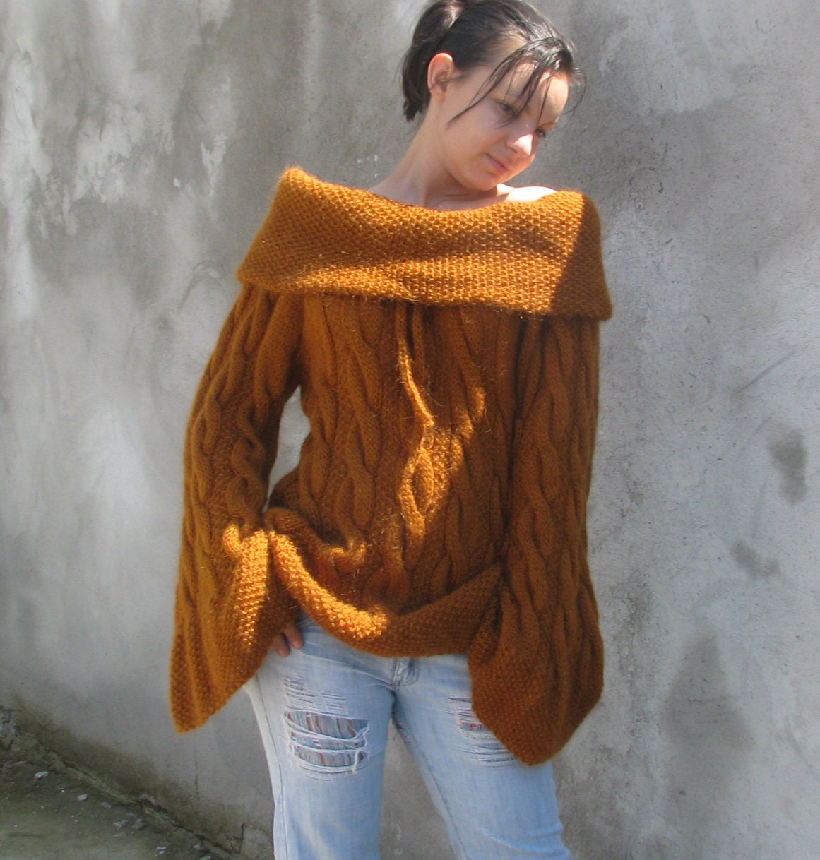 Women tops Sweaters & Cardigans handmade Gold brown Hand knitted chunky  Sweater ...M/L...