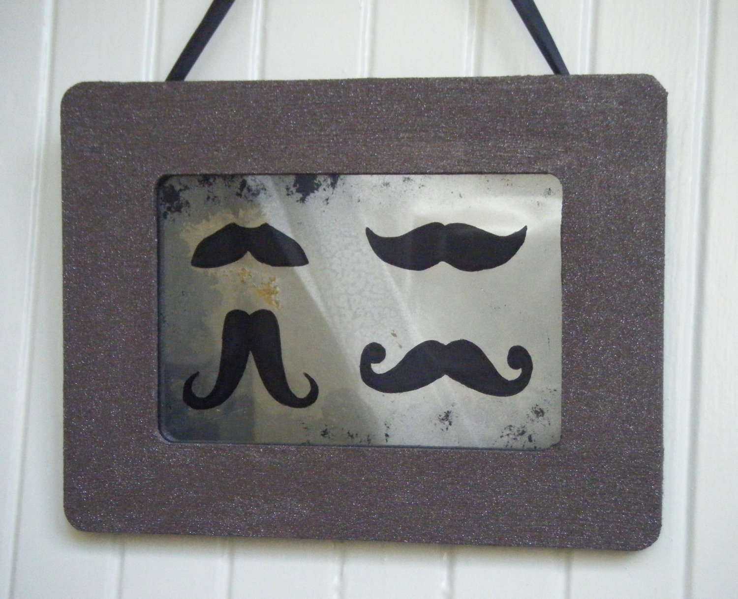 SALE Mustache Sampler Antiqued Mirror Art in Brown Frame