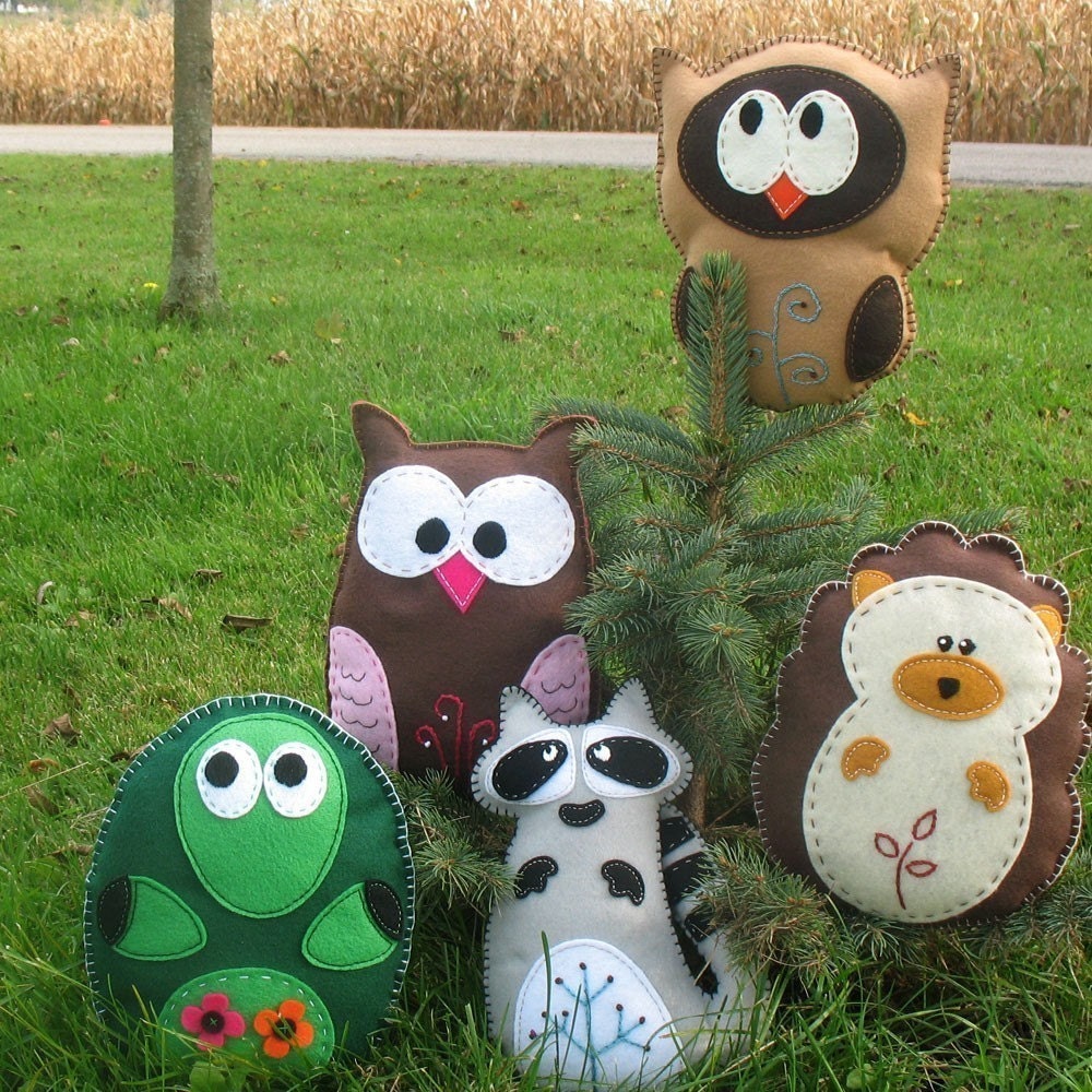 Woodland Forest Stuffed Animal PATTERNS - PICK 2 - Sew by Hand Felt Owl Turtle Hedgehog Raccoon Felt Plushies - Easy