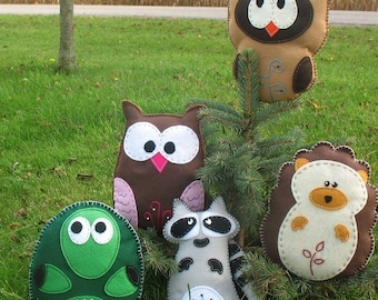 Woodland Forest Stuffed Animal PATTERNS - PICK 2 - Sew by Hand Felt Owl Turtle Hedgehog Raccoon Felt Plushies - Easy