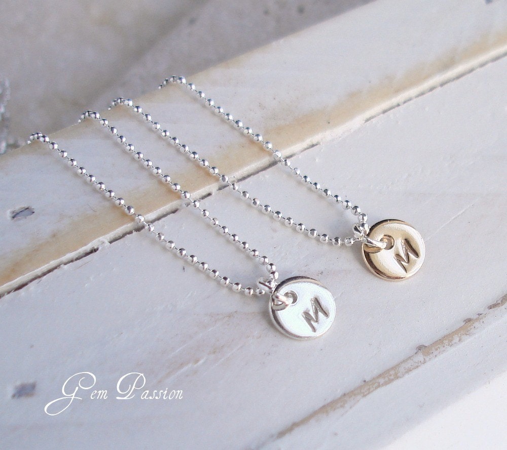 Tiny 14k Gold Filled or Sterling Silver Initial Monogram Personalized Disc Necklace Hand Stamped - Ball Chain,Handmade Mini you choose font