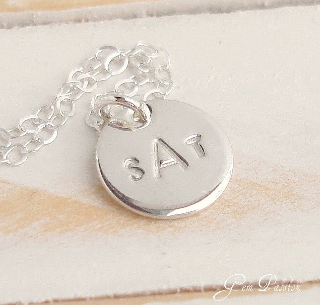 Sterling Silver Monogram Initial Disc Hand Stamped Small Pendant Necklace Block Font - Family - Bridal - Flower girl Friendship Necklace