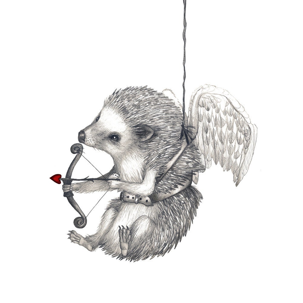 5x7 Giclee Print Happy Valentine's Day Hedgehog Pencil Illustration