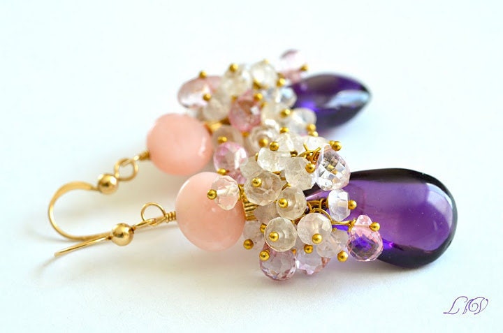 Multi Gemstone Cluster Earrings Pink Opal Amethyst Rose Quartz Pink Topaz