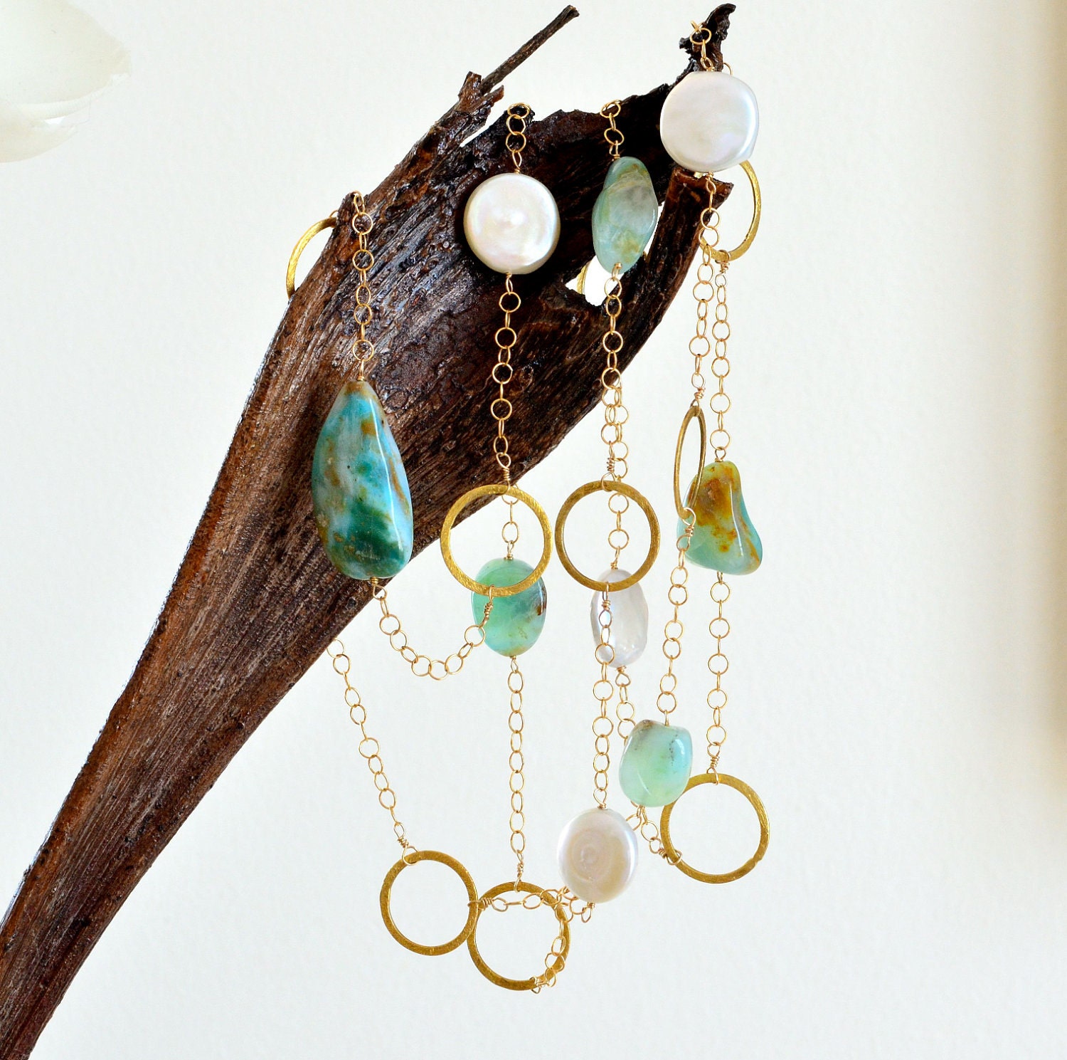 Peruvian Opal Coin Pearl Vermeil Rings Long Necklace