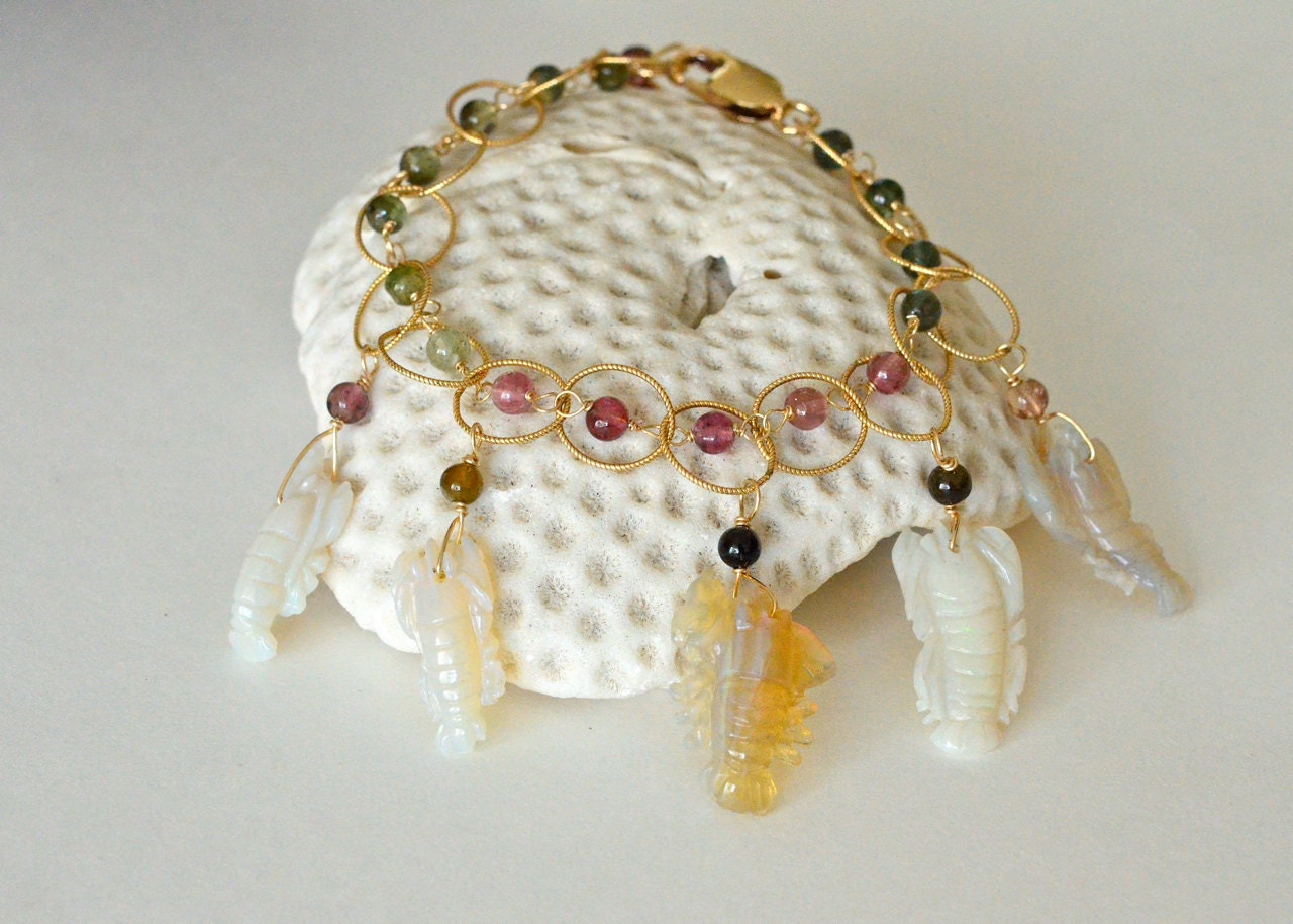 Tourmaline Australian Opal Carved Crabs Charms Bracelet