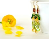 Garnet Diopside Citrine Peridot Prehnite Long Cluster Earrings