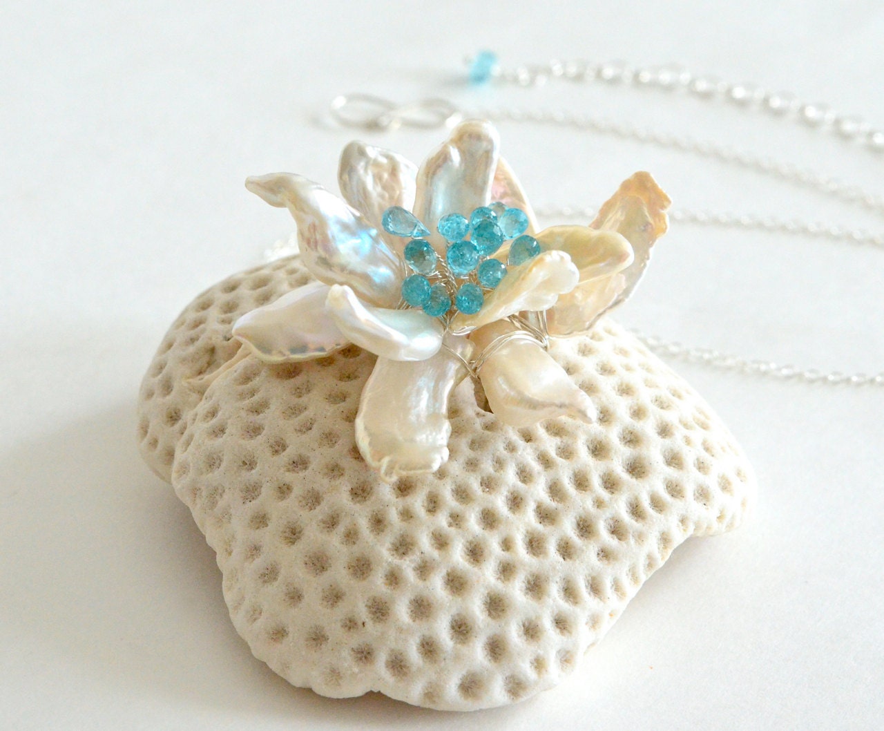 Keishi Pearl Apatite Orchid Flower Silver Necklace