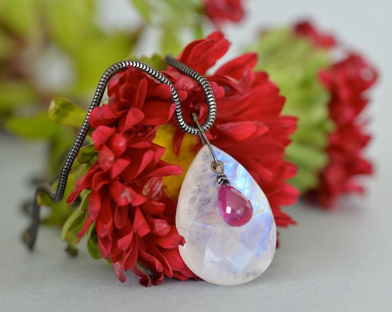 Rainbow Moonstone Ruby Oxidized Silver Modernist Necklace