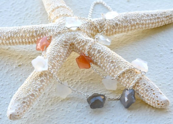 Multi Moonstone Stars Sterling Silver Modernist Necklace Casual Everyday Jewelry