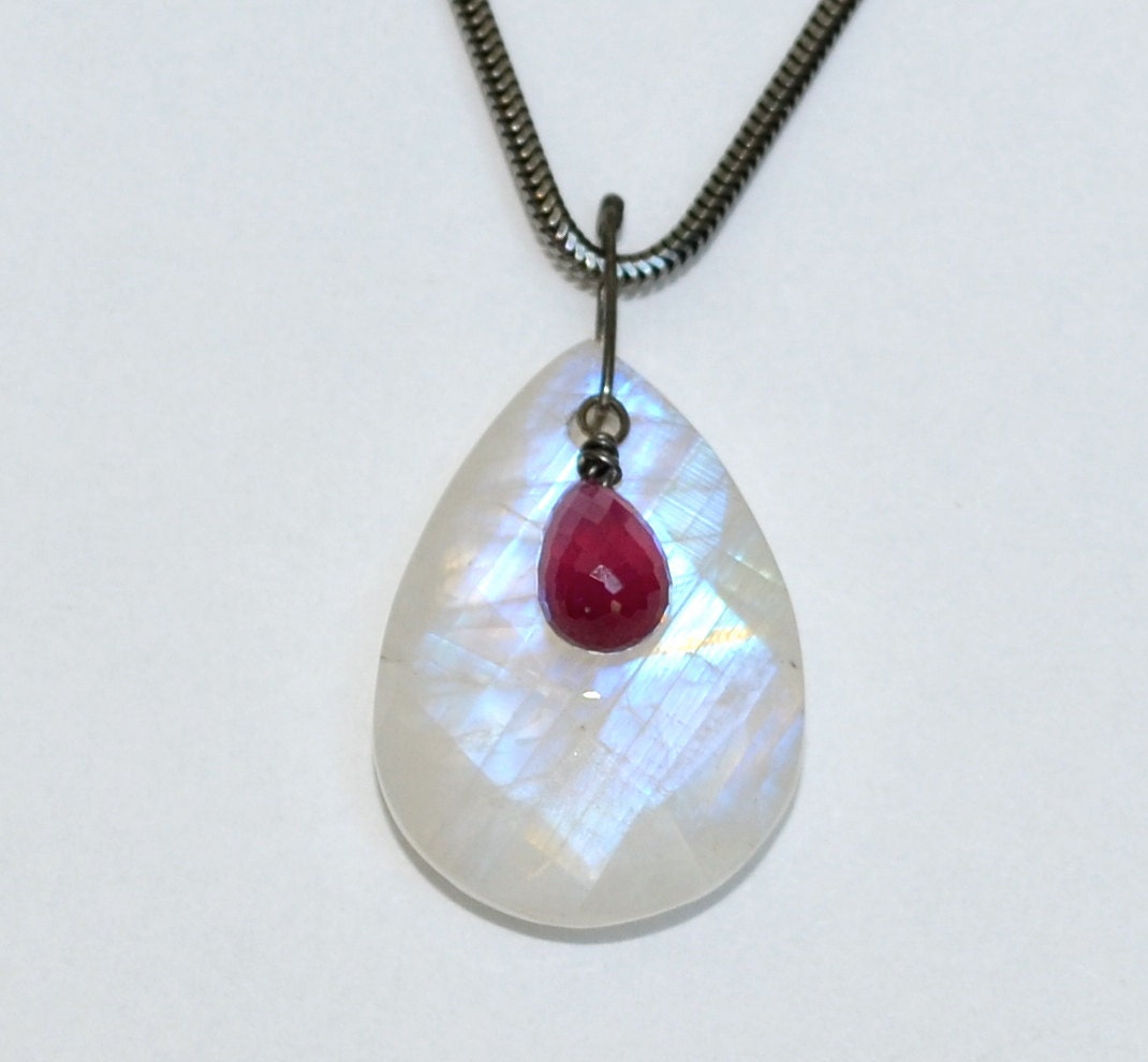 Rainbow Moonstone Ruby Oxidized Silver Modernist Necklace