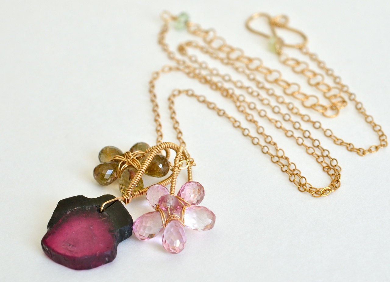 OOAK Exotic Gemstone Flower Necklace Watermelon Tourmaline Pink Topaz Gold Filled