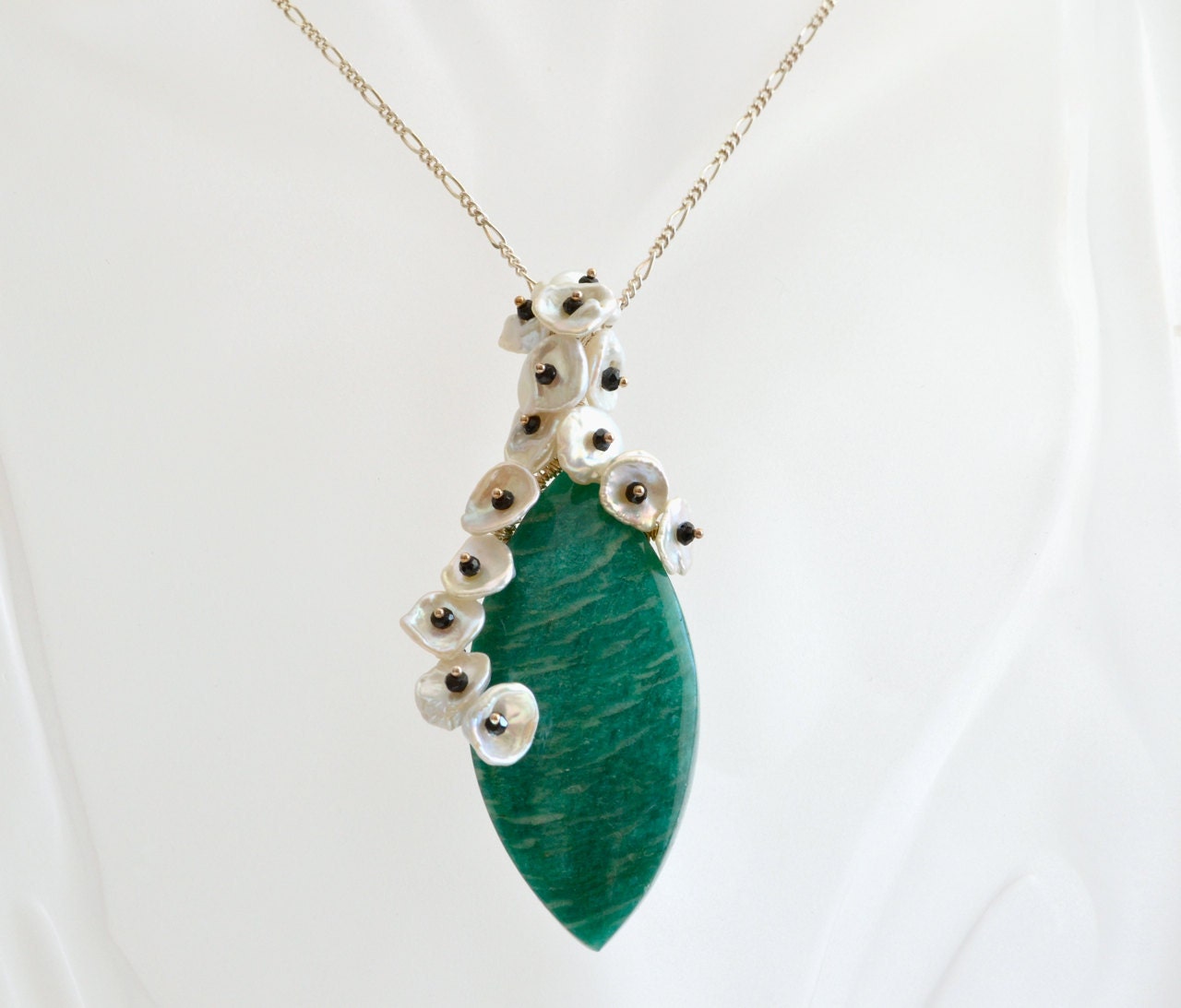 OOAK Keishi Pearl, Russian Amazonite, Black Spinel Necklace