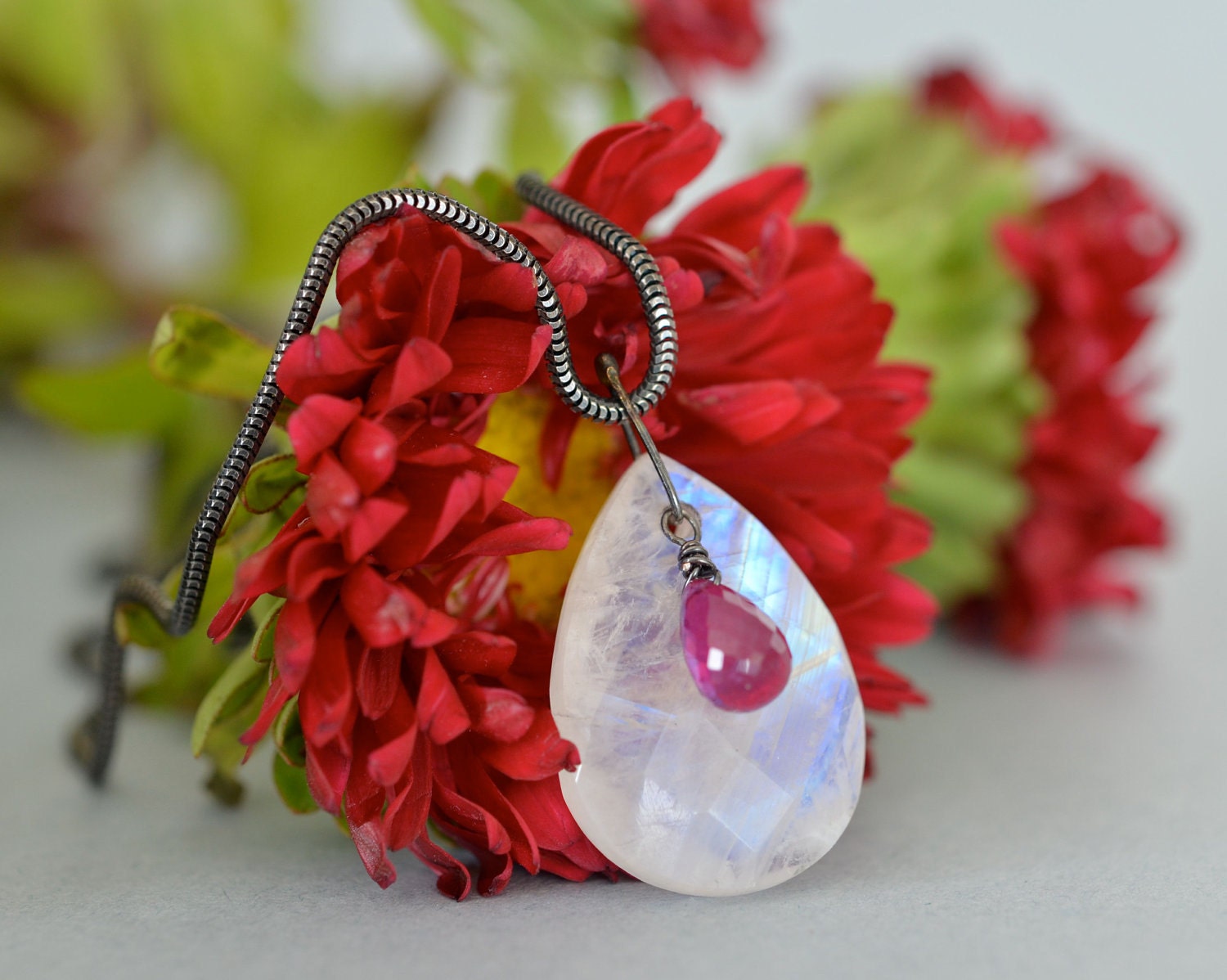 Rainbow Moonstone Ruby Oxidized Silver Modernist Necklace