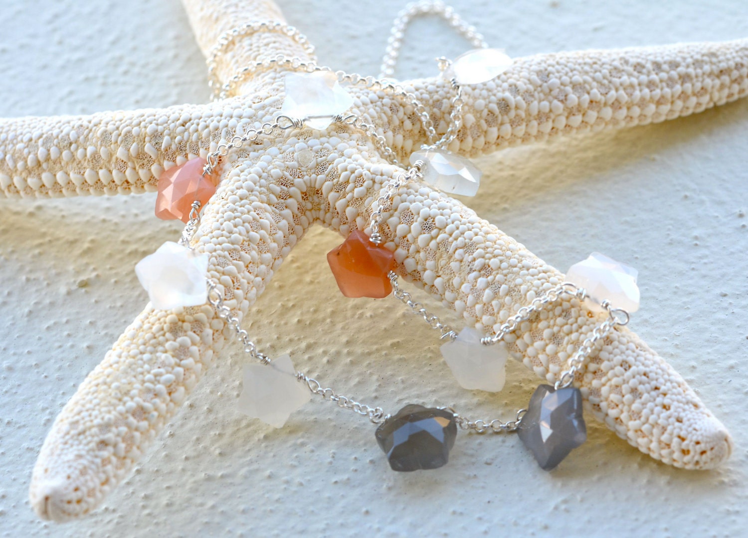 Multi Moonstone Stars Sterling Silver Modernist Necklace Casual Everyday Jewelry
