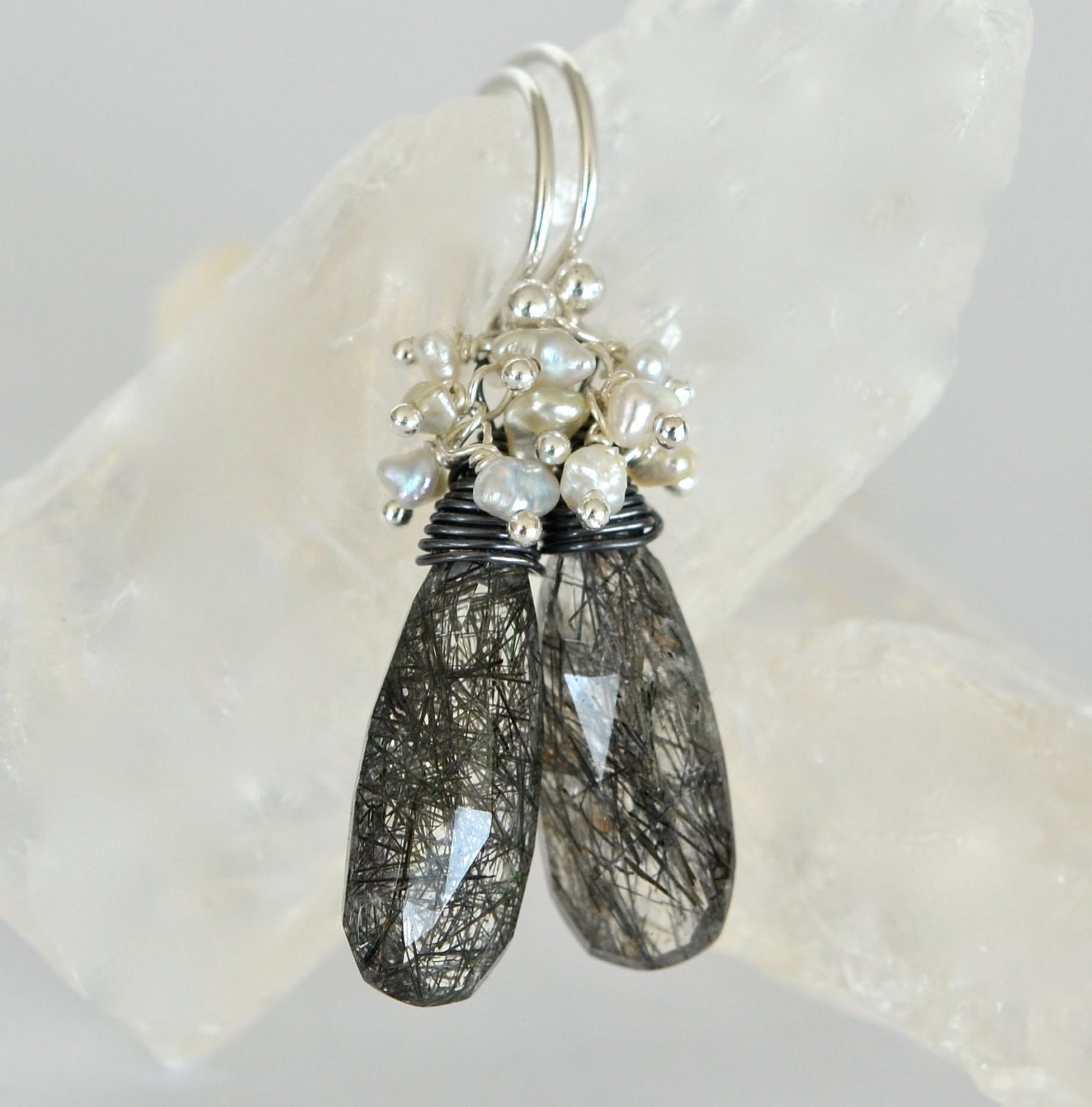 Black Rutilated Quartz Akoya Saltwater Keishi Pearls Sterling Silver Earrings