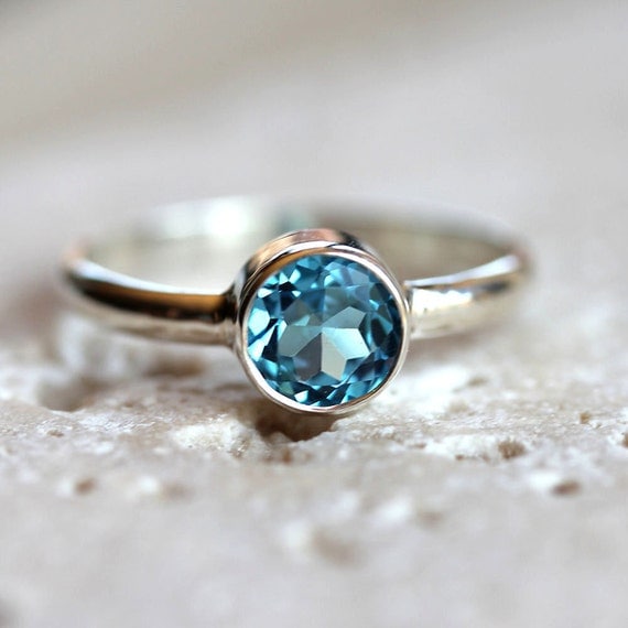 Swiss Blue Topaz Ring, Faceted Aqua Blue Gemstone Bright Sterling Silver Ring December Birthstone Sky Blue - Made to Order