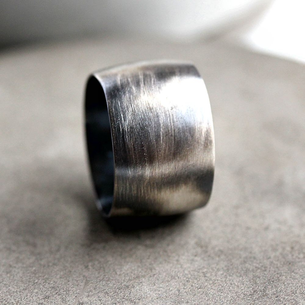 Big Rugged Oxidized Sterling Silver Ring 15mm Wide Band Brushed Ring - Size 9.5 - Moby Dick Part 2