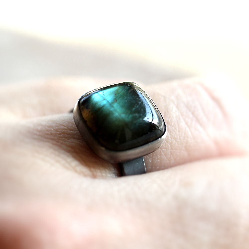Labradorite Ring, Blue Flash Labradorite Oxidized Recycled Argentium Sterling Silver Ring - Size 9 is Ready to Ship - Eye Of The Storm