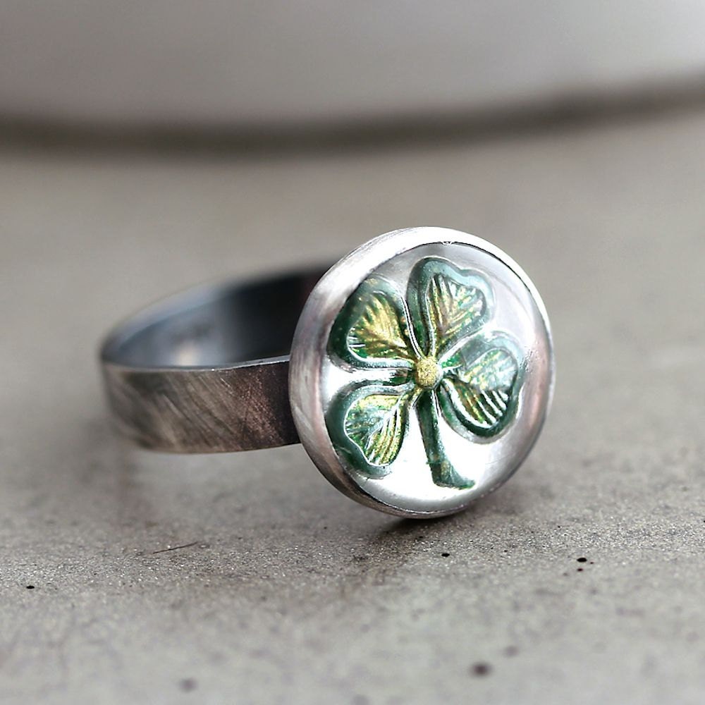 Shamrock Ring, Kelly Green Four Leaf Clover St. Patrick's Day Oxidized Sterling Silver Ring - Made in Your Size - Irish Lucky Charm