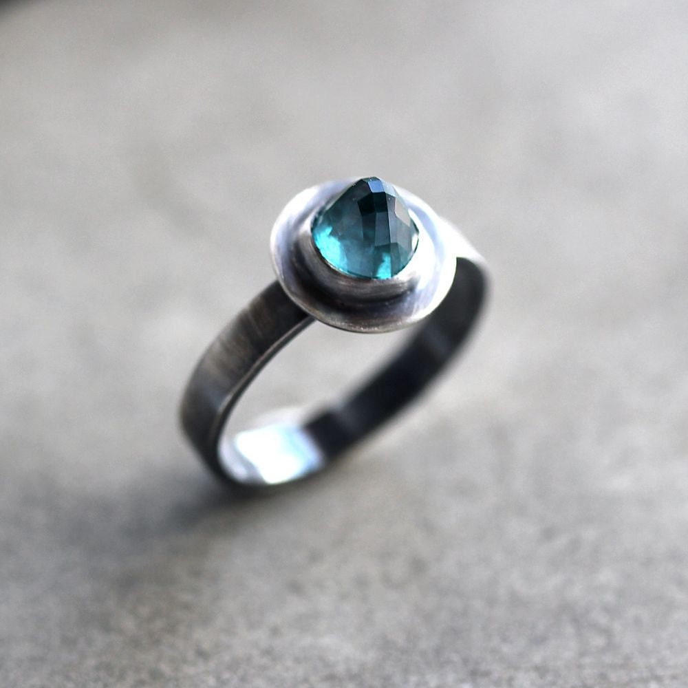 Green Topaz Bullet Ring, Faceted Teal Blue Green Stone Oxidized Sterling Silver Ring Metalsmithed Topaz Jewelry - Size 6