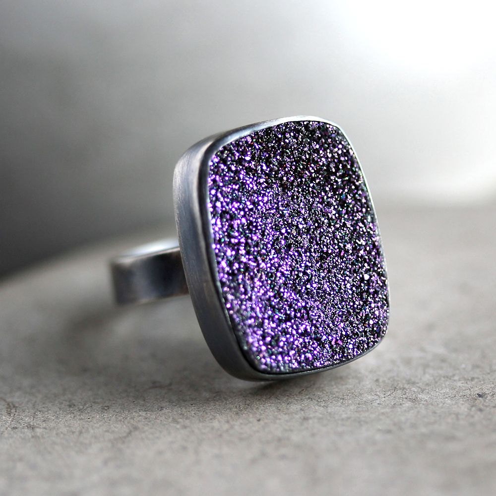 Purple Druzy Ring, Violet Purple Drusy Oxidized Argentium Sterling Silver Ring - Druzy Jewelry - Ready to Ship in US Size 5.5 - Peacock
