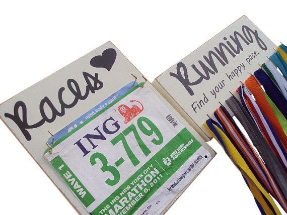 running medals and bibs display