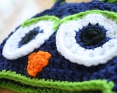Crochet Owl Hat - navy, green, orange - 12 Months to 4T size - Photo Prop
