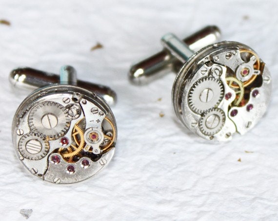 Fathers Day Gift - Men Steampunk Cufflinks - Pinstripe Watch Movement Steampunk Cufflinks - Groom Wedding Gift for Him