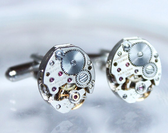 HAMILTON Steampunk Cufflinks - Luxury Matching Vintage Silver Watch Movement Men Steampunk Cufflinks - Wedding Fathers Day Gift for Him