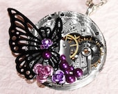 Steampunk Necklace -  Butterfly & Impressive 92 yrs old Elgin GUILLOCHE ETCHED Antique Vintage Pocket Watch Movement  - Wedding Gift