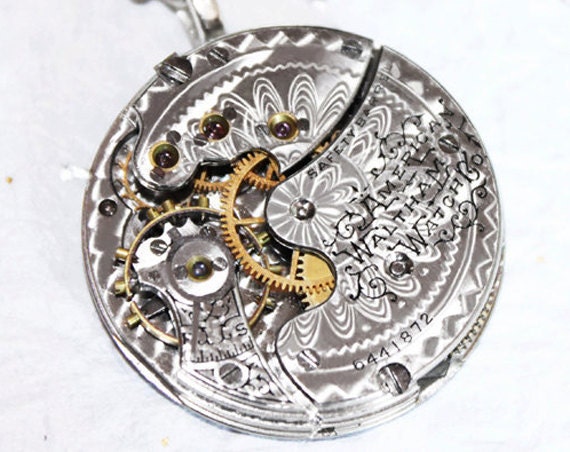 Steampunk Necklace - Magnificent 118 yrs old WALTHAM Antique Silver Pocket Watch Movement - Flower GUILLOCHE ETCHED Men Steampunk Necklace