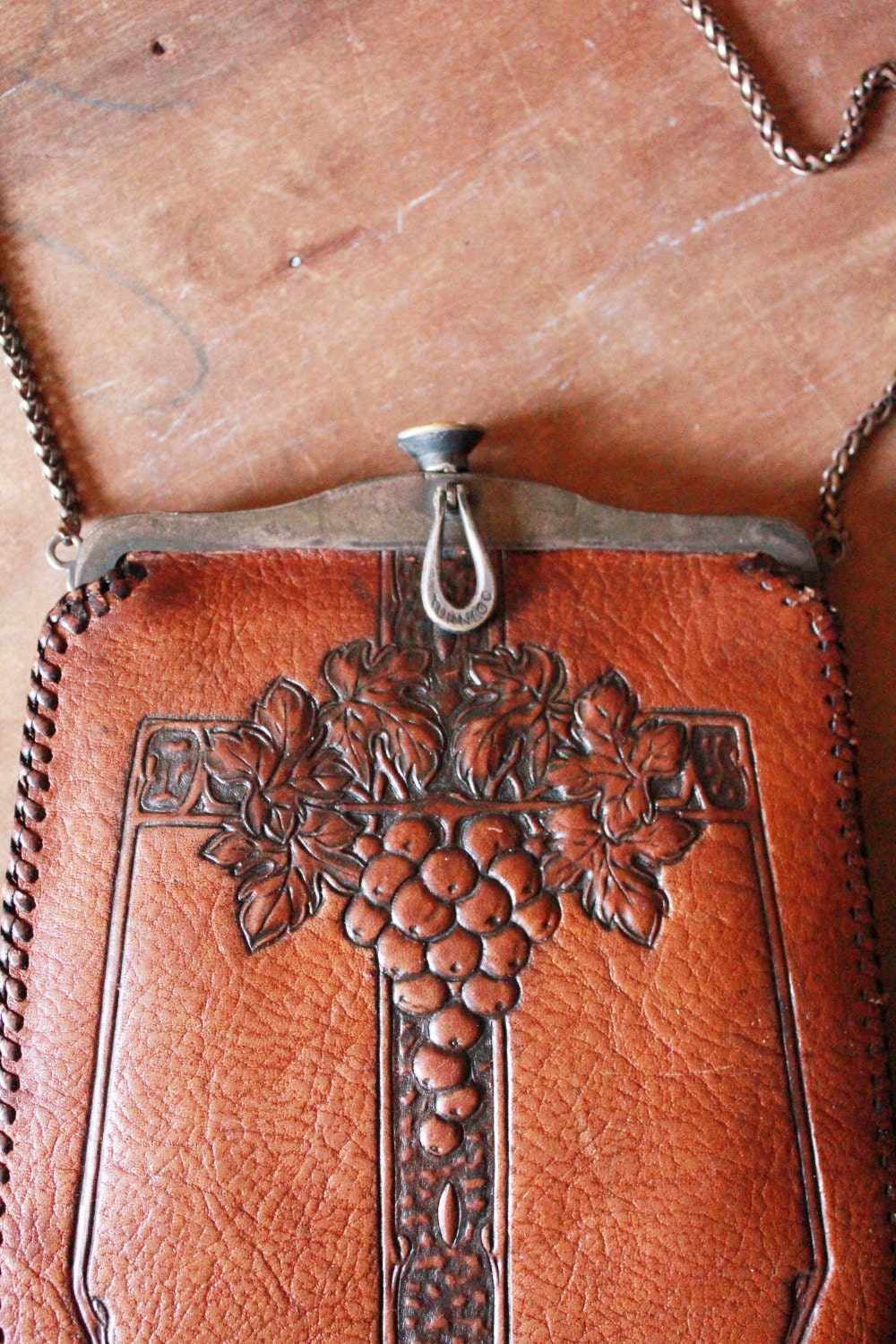 Antique 1915-1918 Jemco Arts and Crafts hand tooled leather purse with grapevine motif