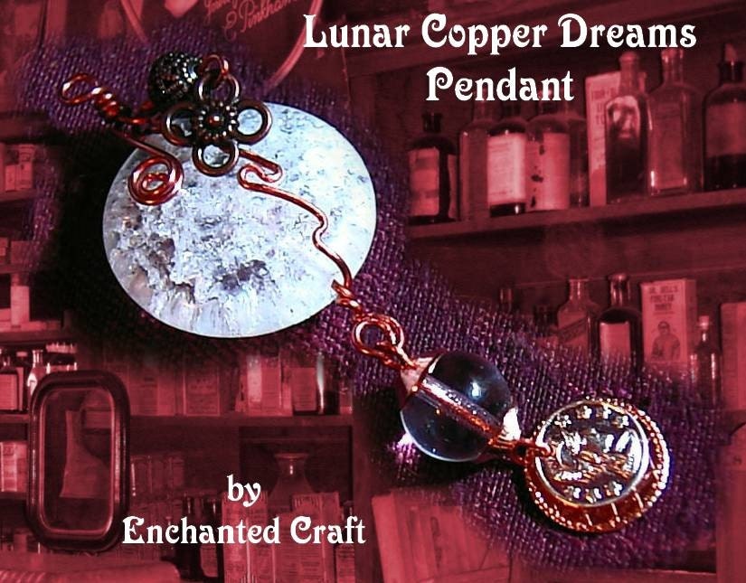 STeamPunk Wire wrapped Crackle Glass pendant with copper filigree and czech glass
