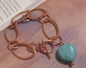 Turquoise and Copper Bracelet: Hammered Copper Chain and Turquoise Heart Charm Bracelet - Southwest Turquoise Jewelry, Valentine's Day Love