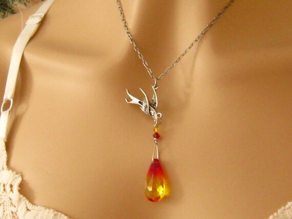 Phoenix Necklace: Antiqued Silver Phoenix Bird and Fire Opal Swarovski Crystal Phoenix Pendant Necklace - Cancer Awareness  Phoenix Jewelry