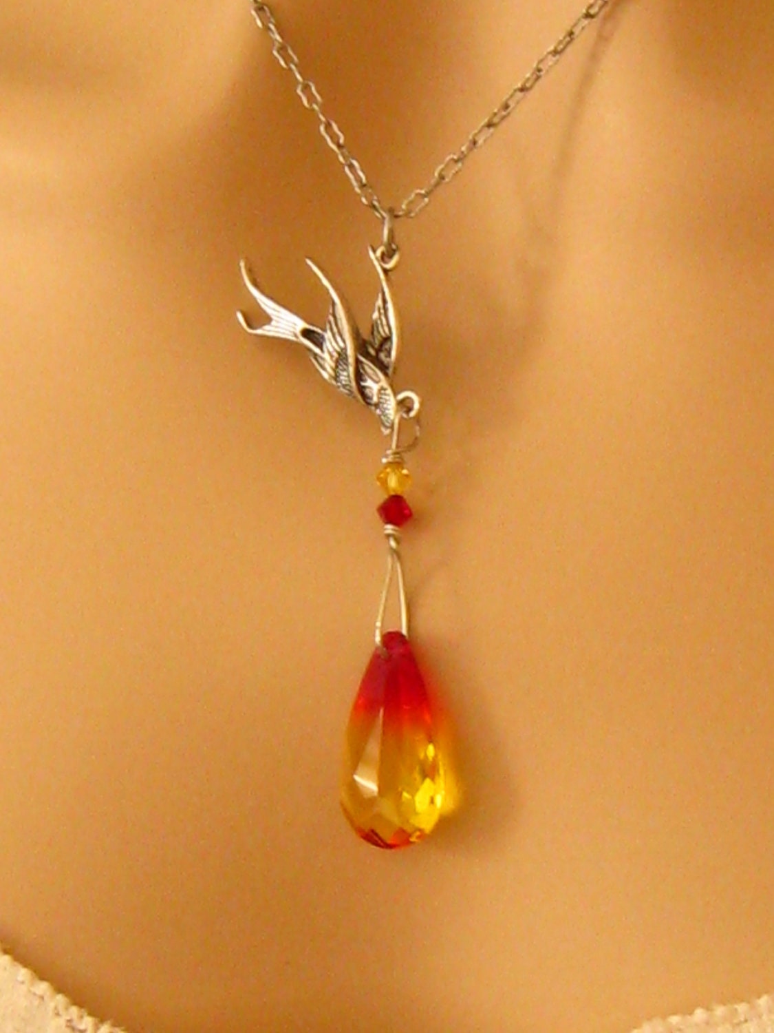 Phoenix Necklace: Antiqued Silver Phoenix Bird and Fire Opal Swarovski Crystal Phoenix Pendant Necklace - Cancer Awareness  Phoenix Jewelry