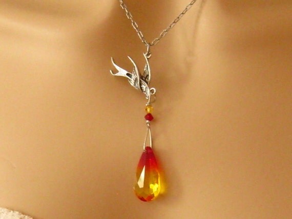 Phoenix Necklace: Antiqued Silver Phoenix Bird and Fire Opal Swarovski Crystal Phoenix Pendant Necklace - Cancer Awareness  Phoenix Jewelry