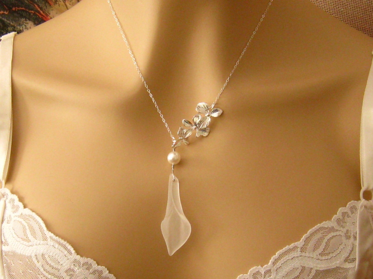 Calla Lily Necklace: Triple Orchid Pearl Calla Lily Bridal Necklace, Romantic Wedding Jewelry, Sterling Silver Elegant Bridal Jewelry, Prom