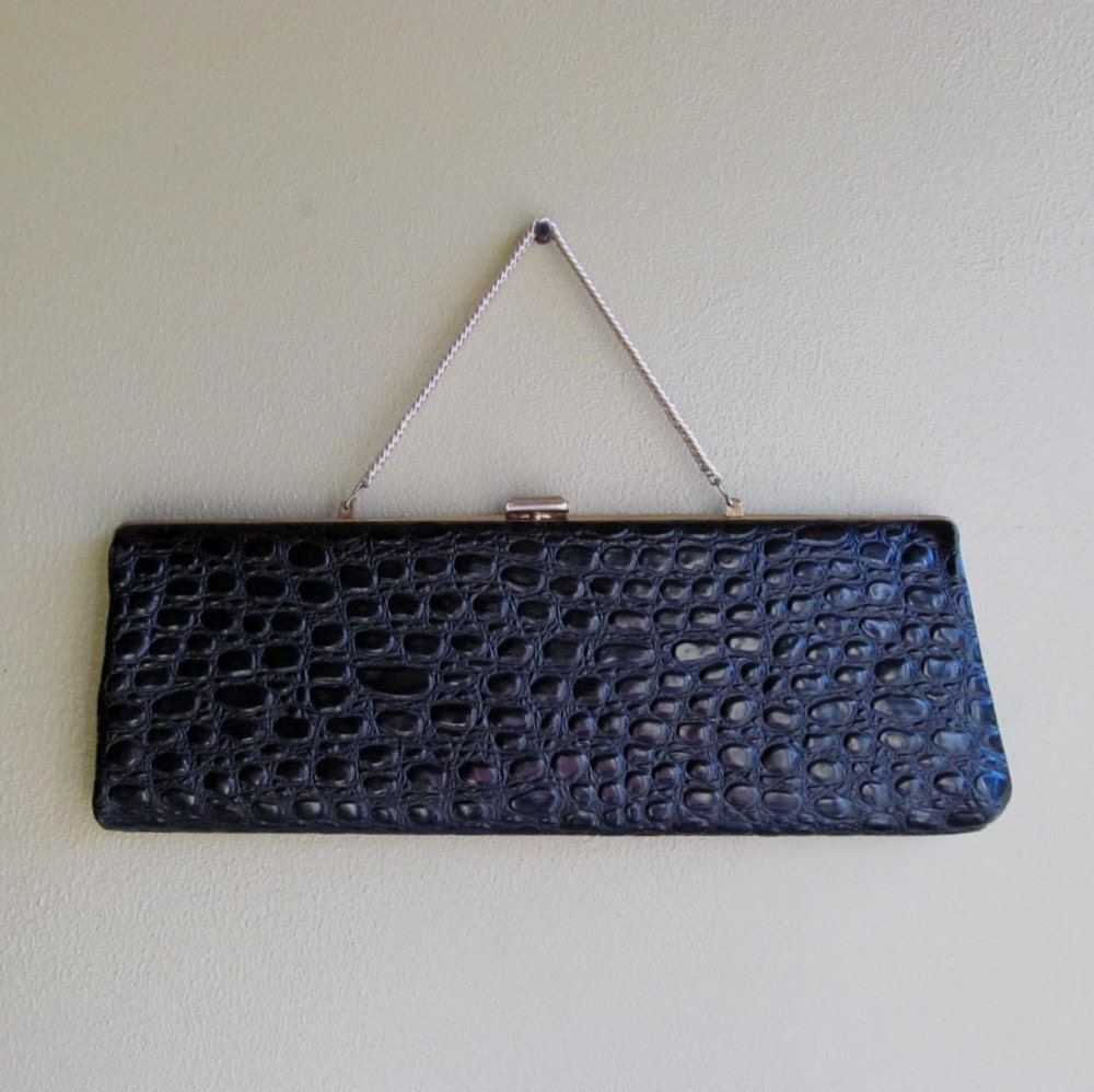 Vintage 1960s Clutch Purse / 50s Black Faux Crocodile Convertible Clutch Handbag