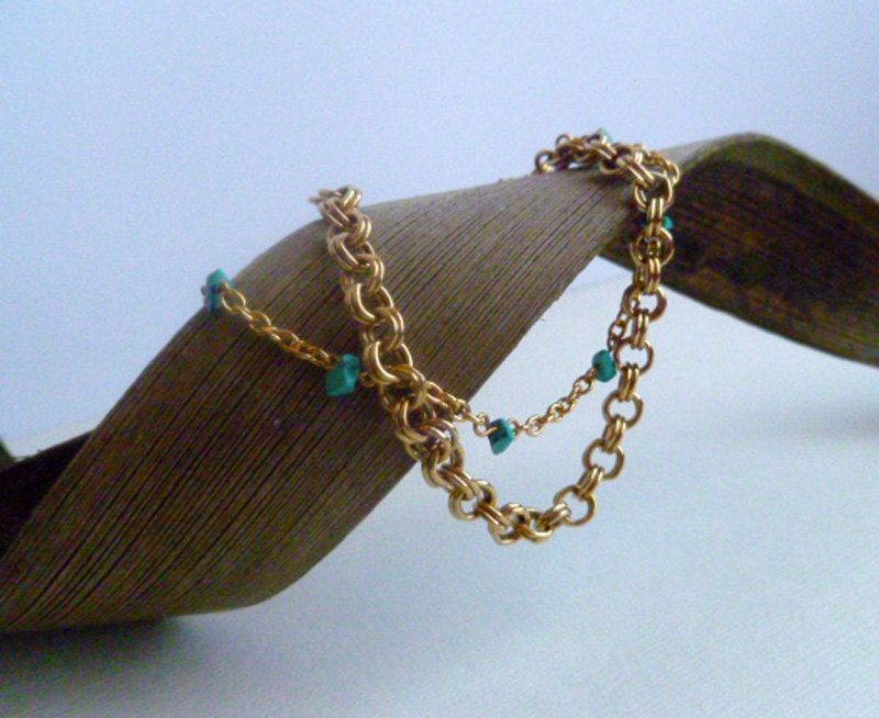 Gold Bracelet - Double Strand of Gold Chain and Turquoise Stone Nuggets - Beautiful Summer Jewelry