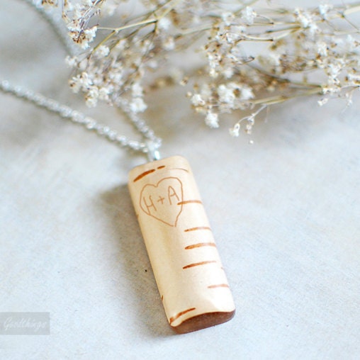 Birch Bark Personalized Initials Pendant - Woodland necklace - Nature lover gift