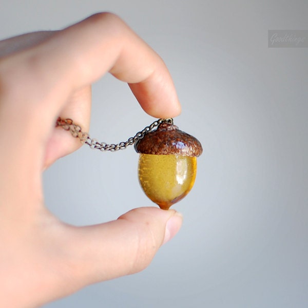 Woodland Amber Acorn Autumn Necklace.Fall jewelry- botanical resin jewelry nature lover gift