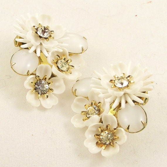 Vintage 1960s Earrings Mad Men Rhinestone Coro Flowers Clip Ons