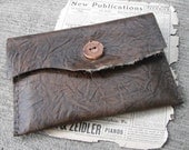 Wood Button Leather Artist case / ipad case - steampunk handmade laptop sleeve from rough, crinkled chocolate leather with chinese metal coin