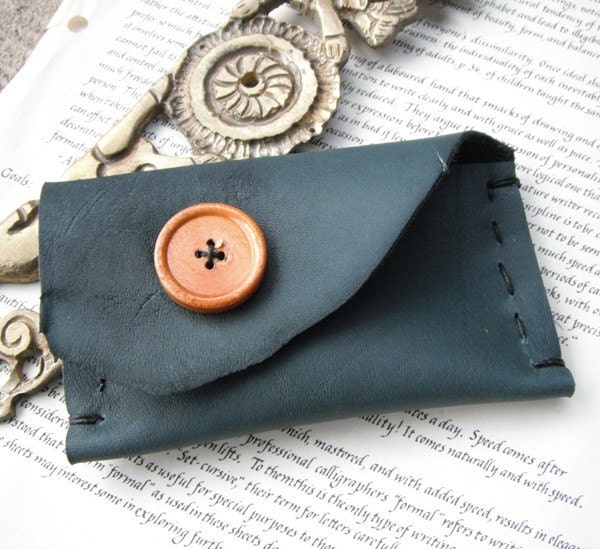 Leather Business Card Case -  dark navy/teal color - hand stitched wallet for cards.