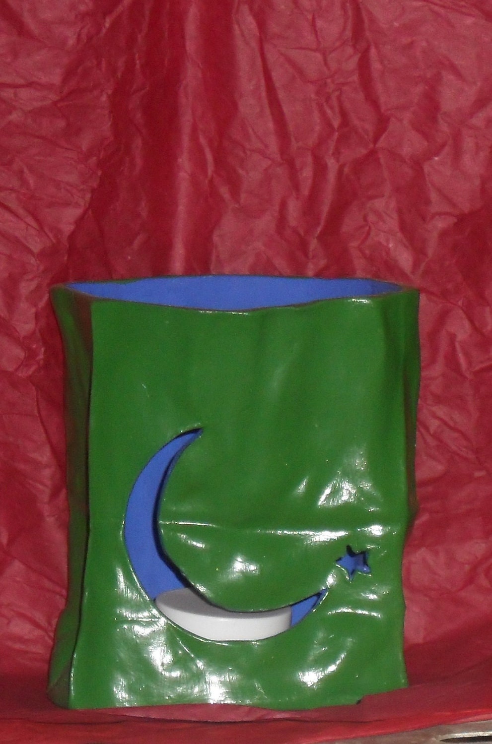 Ceramic Luminary Bag. Green and Blue. Moon and Star Design. Holiday luminary fun themed