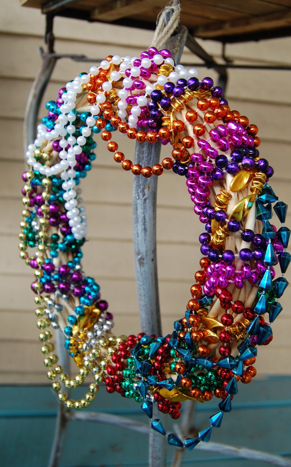 Multi-colored Mardi Gras Wreath, Made From Authentic Mardi Gras Beads